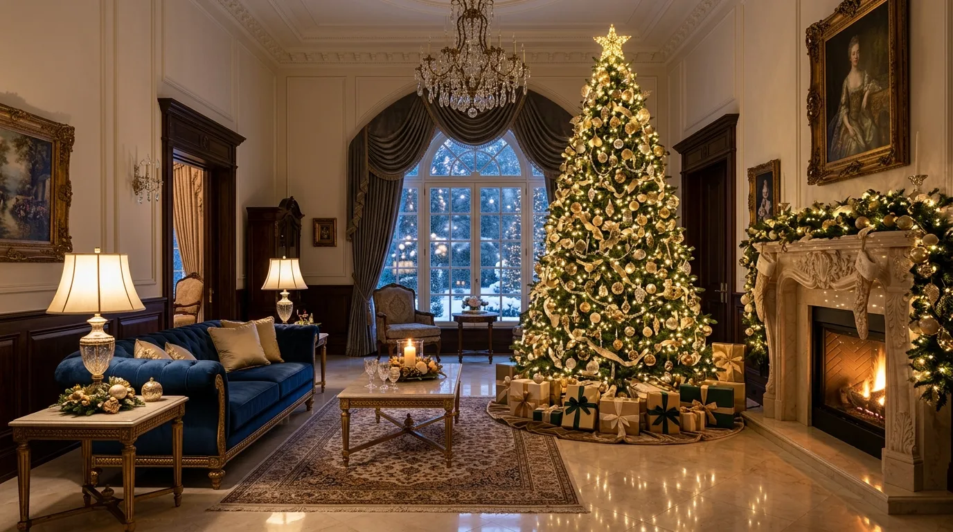 Elegant holiday living room with a richly decorated Christmas tree.